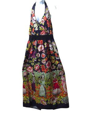 Hemet 2XL Day of the Dead Frida Kahlo Halter Dress Skull Floral Cotton Pinup